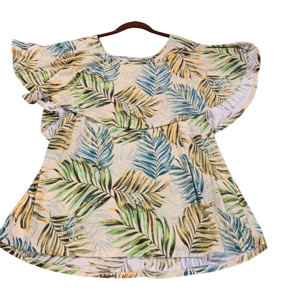 Catherines Womens Tropical Palm Print Short Sleeve Resort Top 14/16W Beach Boho
